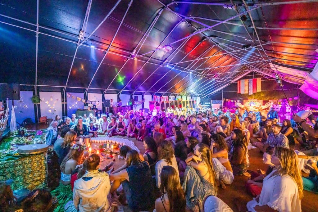 hoaloha cacao ceremony with group of people in a large circle